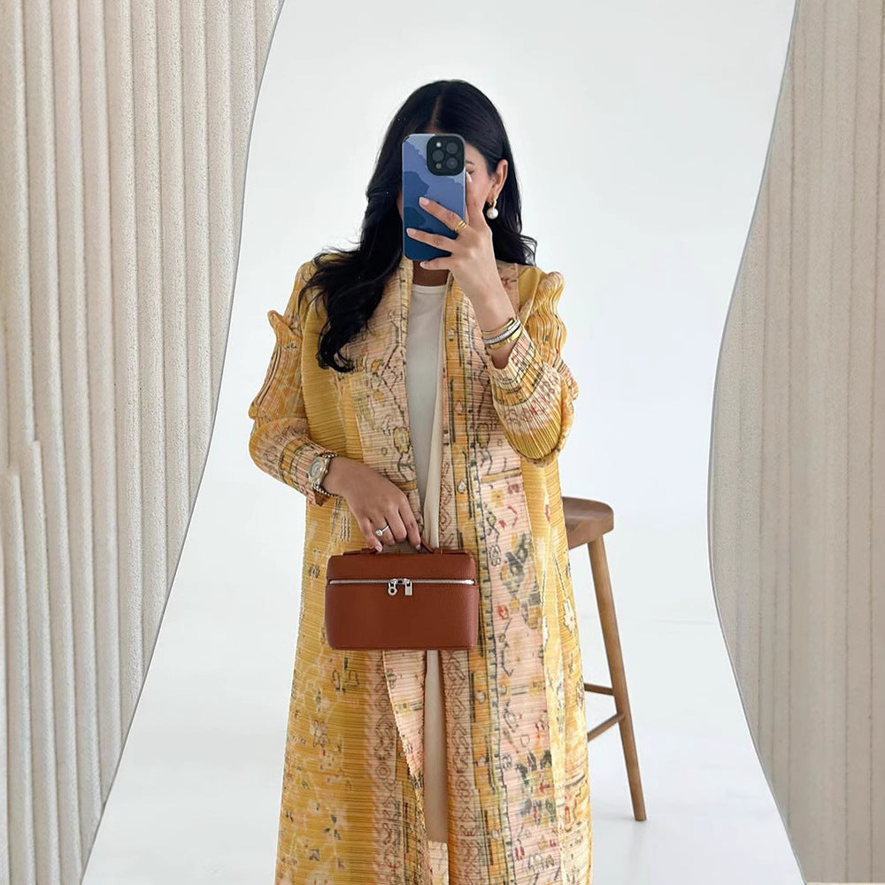 Pleated Print Cardigan Long Coat Arabic Robe Plus Size Brand: aeac