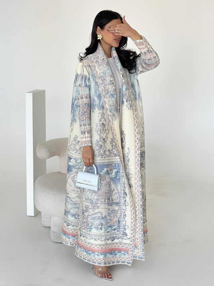 Pleated Print Cardigan Long Coat Arabic Robe Plus Size Brand: aeac
