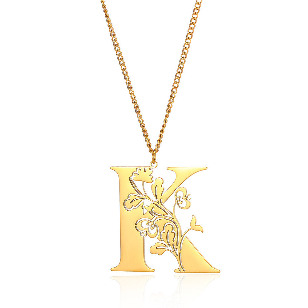 Stainless Steel 26 English Flower Letter Necklace Brand: aeac