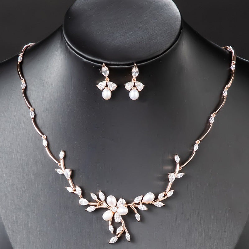 Sweet Pearl Zircon Ear Stud Necklace Jewelry Suit Brand: aeac
