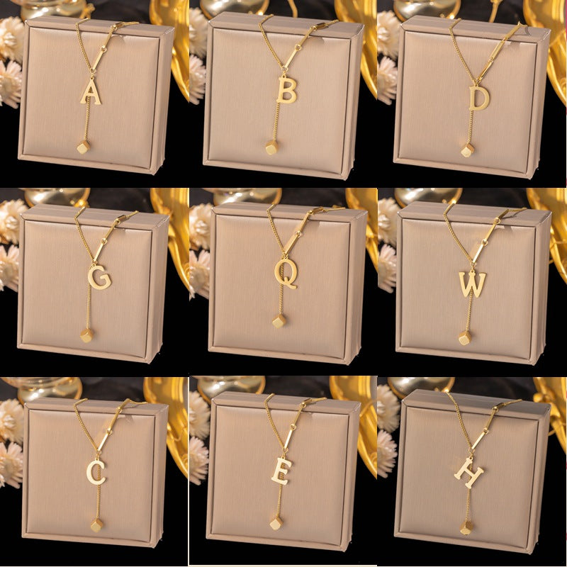 Necklace Ornament Titanium Steel Tassel 26 Letters Female Small Square Pendant Graceful Personality Jewelry Brand: aeac