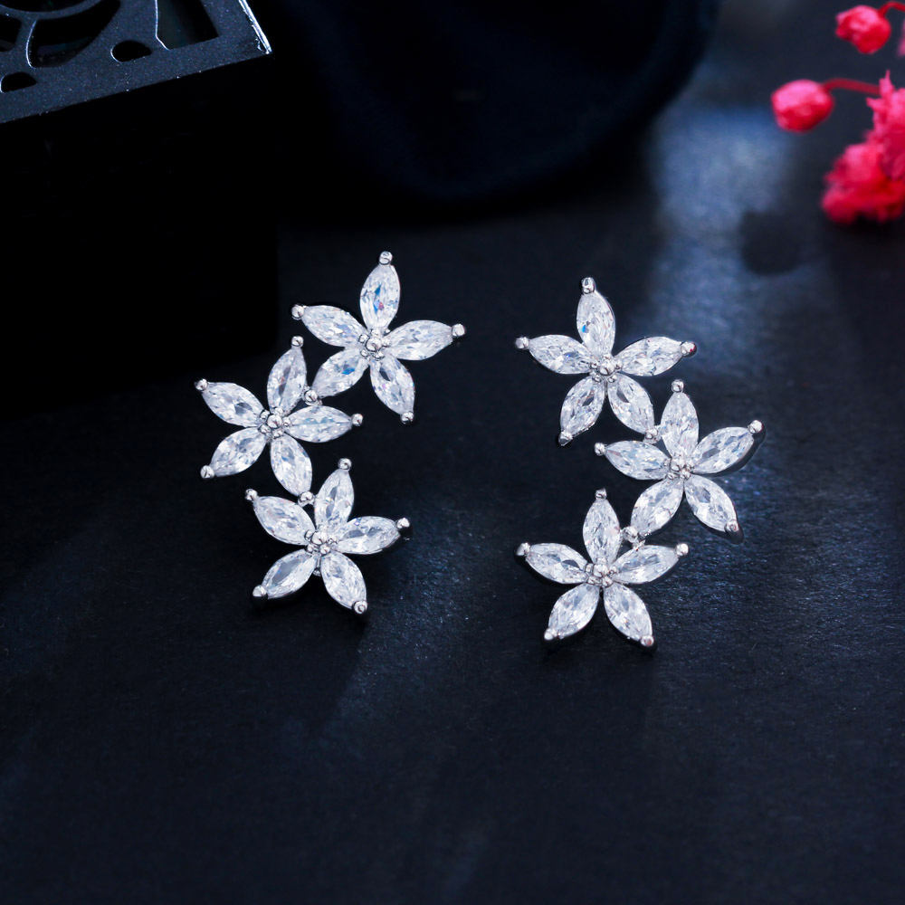 Silver-Plated Cubic Zirconia Cluster Flower And Leaf Stud Earrings