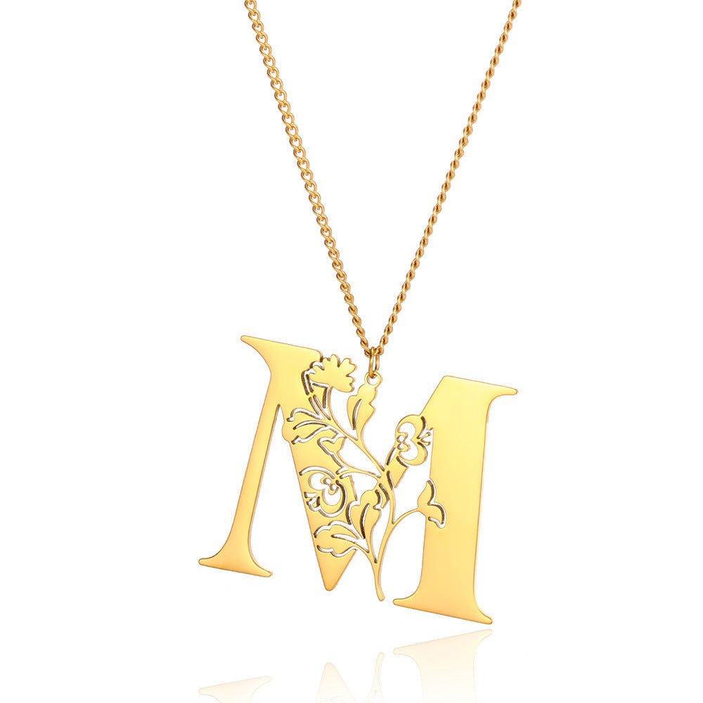Stainless Steel 26 English Flower Letter Necklace Brand: aeac