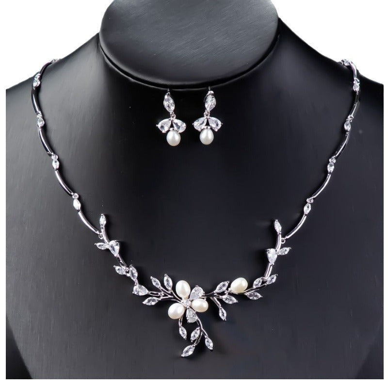 Sweet Pearl Zircon Ear Stud Necklace Jewelry Suit Brand: aeac