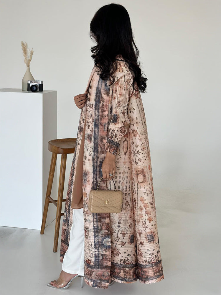 Pleated Print Cardigan Long Coat Arabic Robe Plus Size Brand: aeac