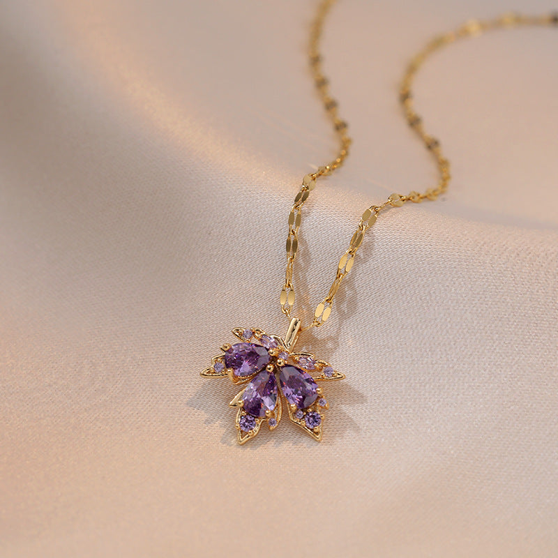 Zircon Maple Leaf Fashion Simple Temperament Non-fading Inlaid Purple Maple Leaf Necklace Brand: aeac