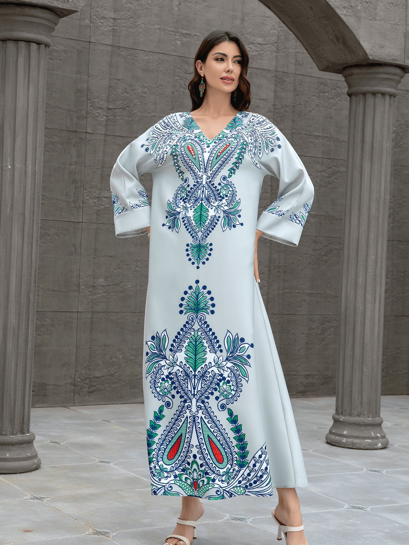 Womens Robe-style Dress With Heat-sealed Rhinestones And Beads Brand: aeac