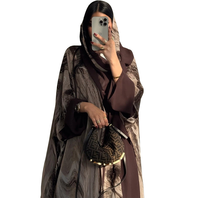 Fashionable Printed Chiffon Cardigan Long Dress Brand: aeac