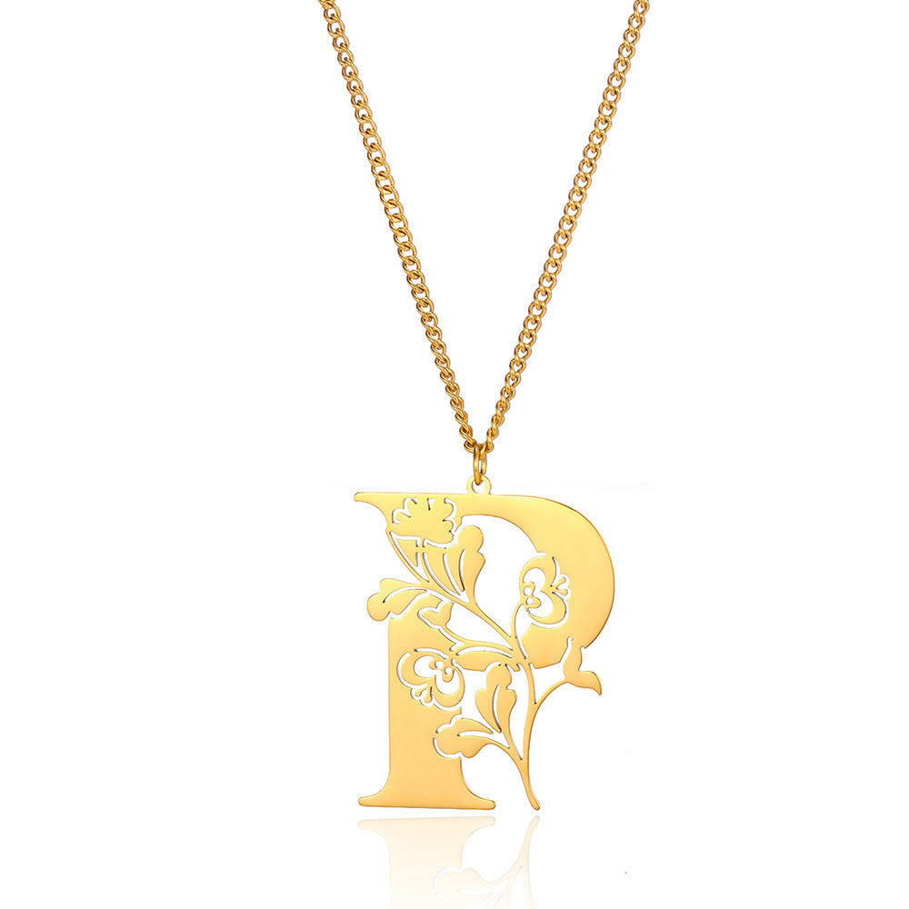 Stainless Steel 26 English Flower Letter Necklace Brand: aeac