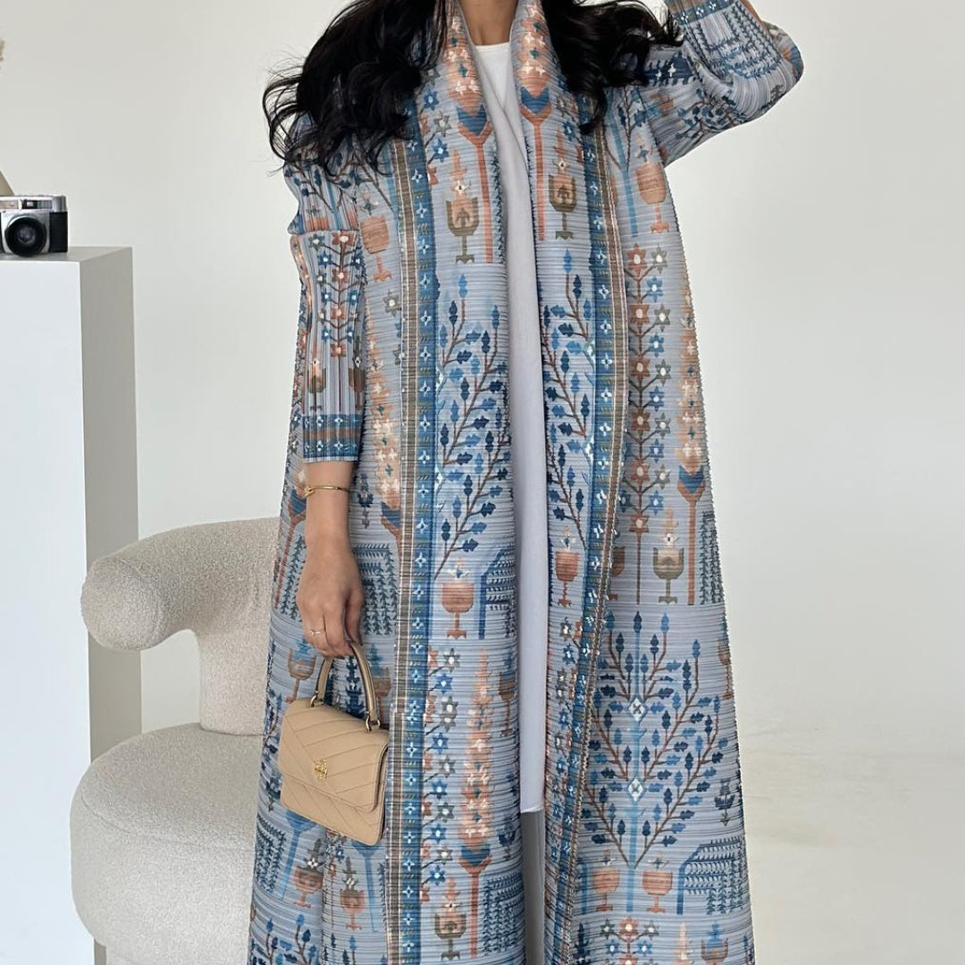 Pleated Print Cardigan Long Coat Arabic Robe Plus Size Brand: aeac