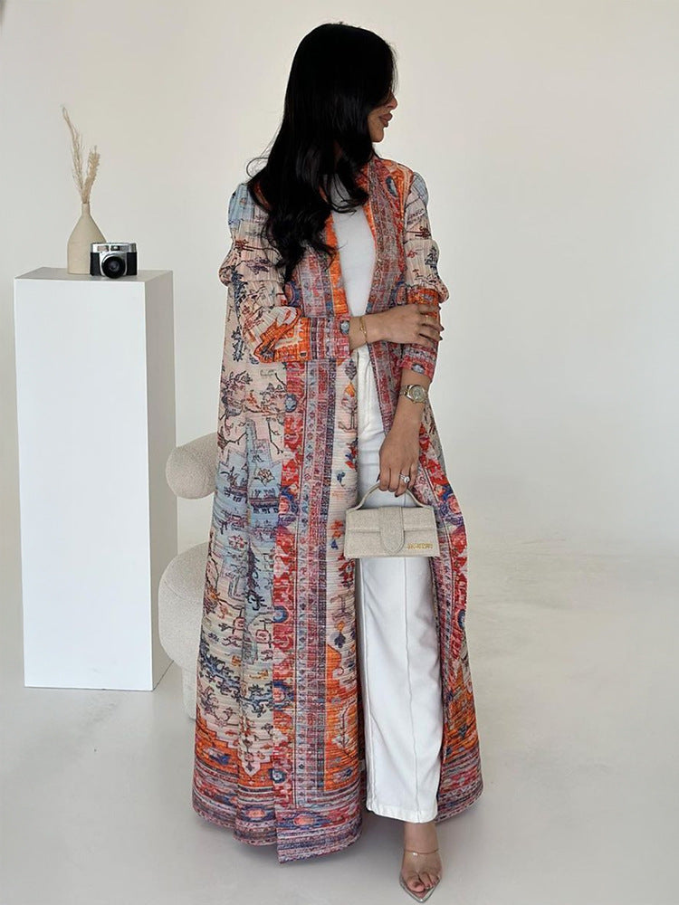 Pleated Print Cardigan Long Coat Arabic Robe Plus Size Brand: aeac