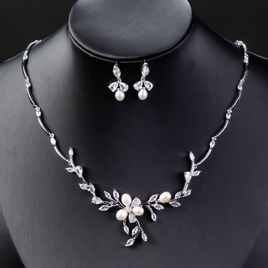 Sweet Pearl Zircon Ear Stud Necklace Jewelry Suit Brand: aeac