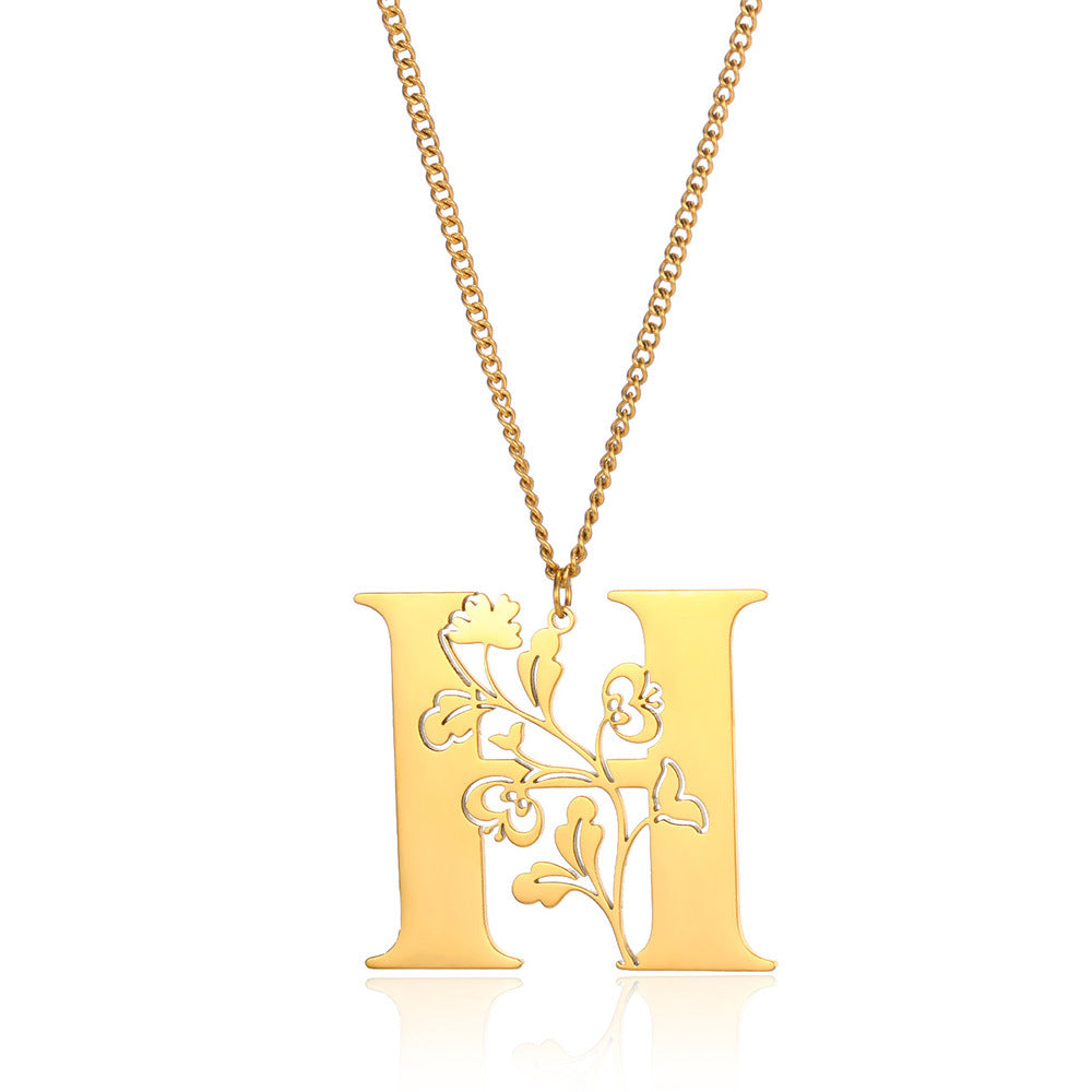Stainless Steel 26 English Flower Letter Necklace Brand: aeac