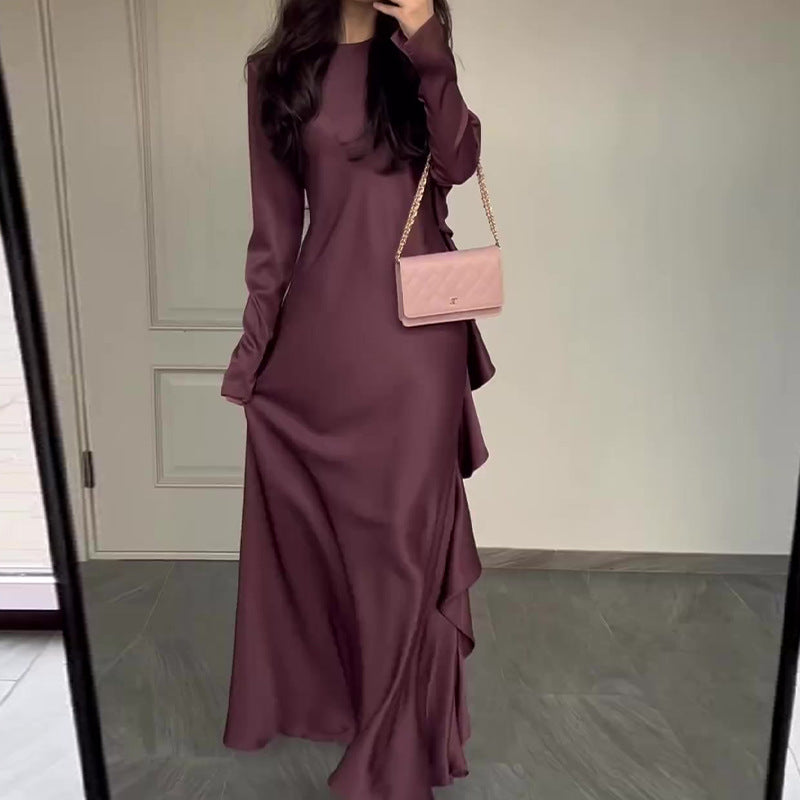 Solid-color Round-neck Ruffled Elegant Womens Dress Brand: aeac