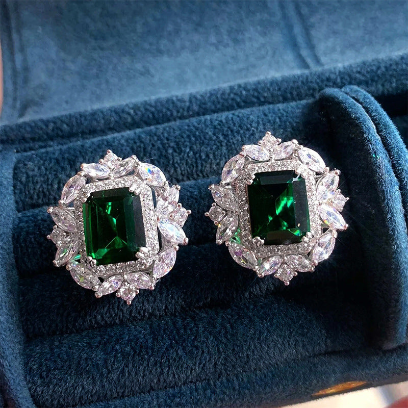 Full Diamond Inlaid Rectangular Rhinestone Flower Ear Studs Brand: aeac