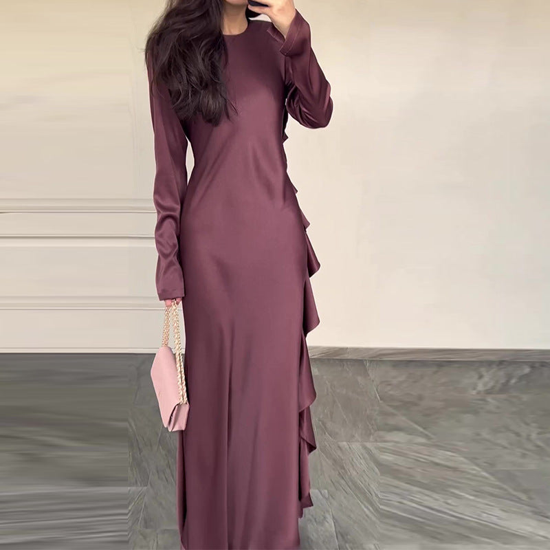 Solid-color Round-neck Ruffled Elegant Womens Dress Brand: aeac